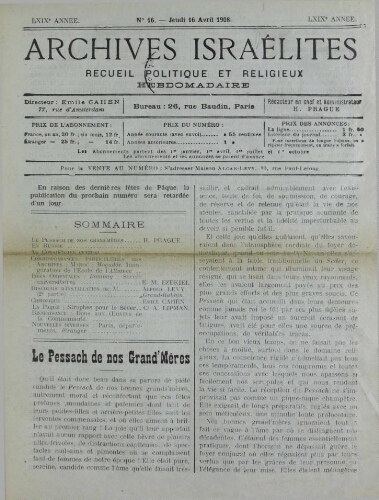 Archives israélites de France. Vol.69 N°16 (16 avr. 1908)