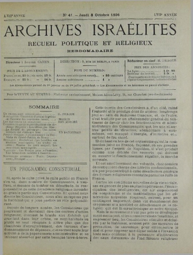 Archives israélites de France. Vol.57 N°41 (08 oct. 1896)