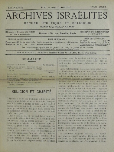 Archives israélites de France. Vol.72 N°17 (27 avr. 1911)