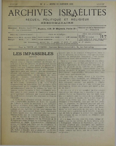 Archives israélites de France. Vol.82 N°02 (13 janv. 1921)