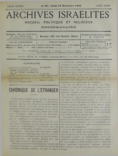 Archives israélites de France. Vol.63 N°46 (13 nov. 1902)