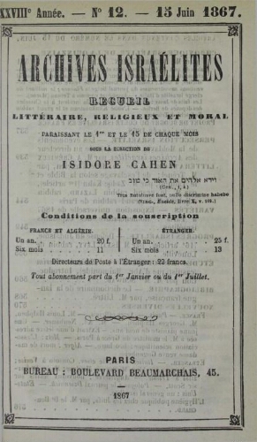 Archives israélites de France. Vol.28 N°12 (15 juin 1867)