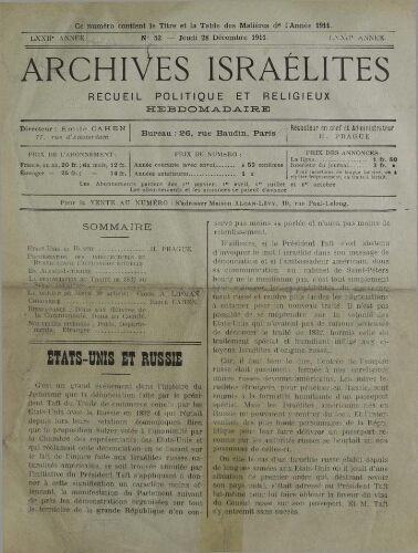 Archives israélites de France. Vol.72 N°52 (28 déc. 1911)