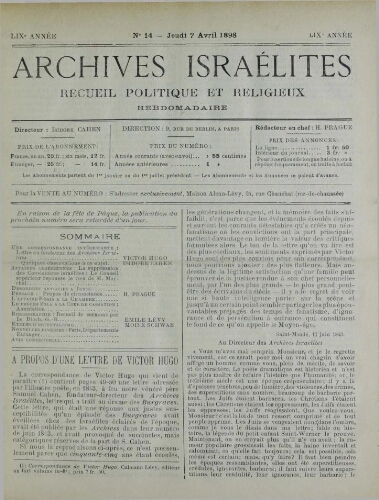 Archives israélites de France. Vol.59 N°14 (07 avr. 1898)