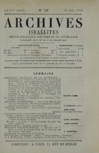 Archives israélites de France. Vol.36 N°12 (15 juin 1875)