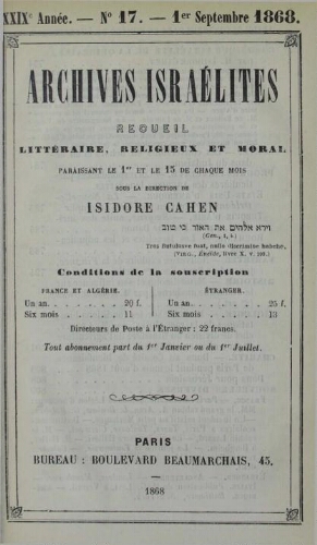 Archives israélites de France. Vol.29 N°17 (01 sept. 1868)