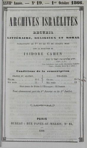 Archives israélites de France. Vol.27 N°19 (01 oct. 1866)