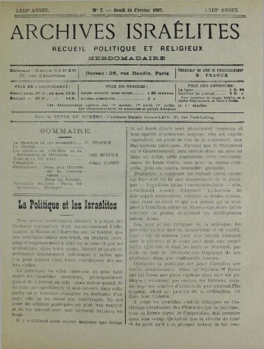 Archives israélites de France. Vol.68 N°07 (14 févr. 1907)