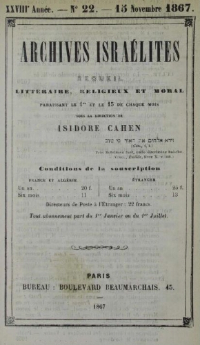 Archives israélites de France. Vol.28 N°22 (15 nov. 1867)