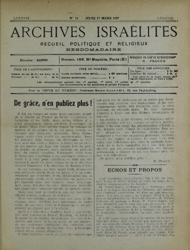 Archives israélites de France. Vol.88 N°11 (17 mars 1927)