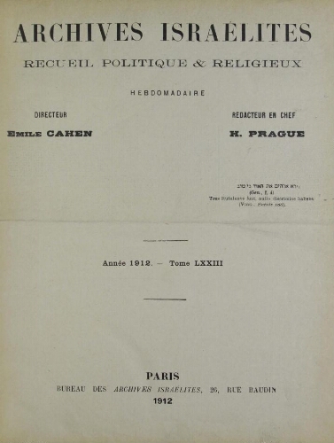 Archives israélites de France. Vol.73 Table des matières