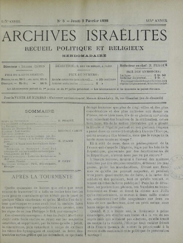 Archives israélites de France. Vol.59 N°05 (03 févr. 1898)