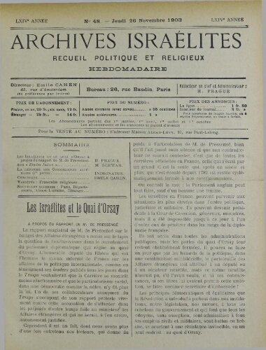 Archives israélites de France. Vol.64 N°48 (26 nov. 1903)