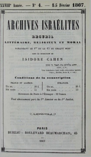 Archives israélites de France. Vol.28 N°04 (15 févr. 1867)