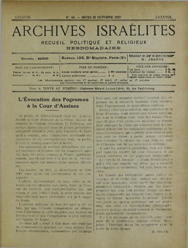 Archives israélites de France. Vol.88 N°42 (20 oct. 1927)