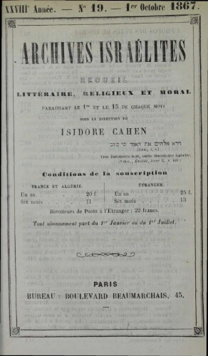 Archives israélites de France. Vol.28 N°19 (01 oct. 1867)