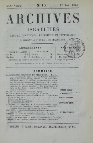 Archives israélites de France. Vol.30 N°15 (01 août 1869)