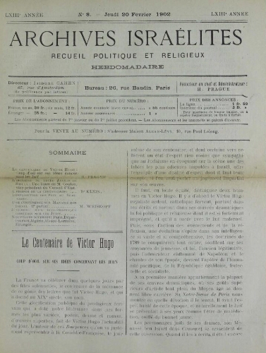 Archives israélites de France. Vol.63 N°08 (20 févr. 1902)