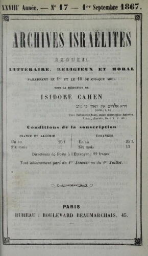 Archives israélites de France. Vol.28 N°17 (01 sept. 1867)