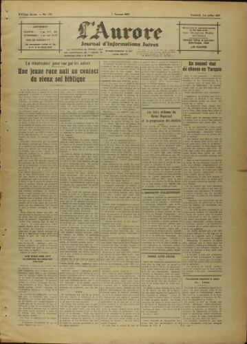 L’Aurore : Journal d’Informations Juives  N°172 (01 juillet 1927)