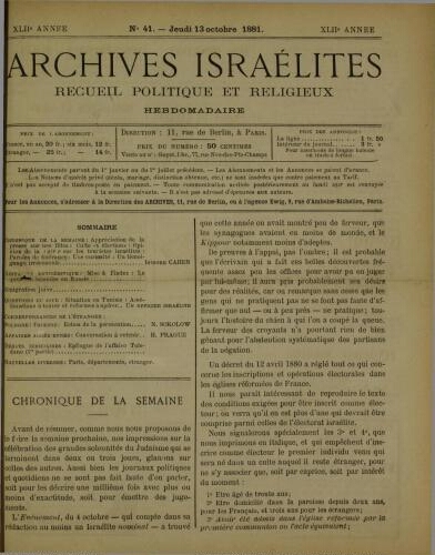 Archives israélites de France. Vol.42 N°41 (13 oct. 1881)