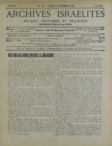 Archives israélites de France. Vol.83 N°49 (07 déc. 1922)