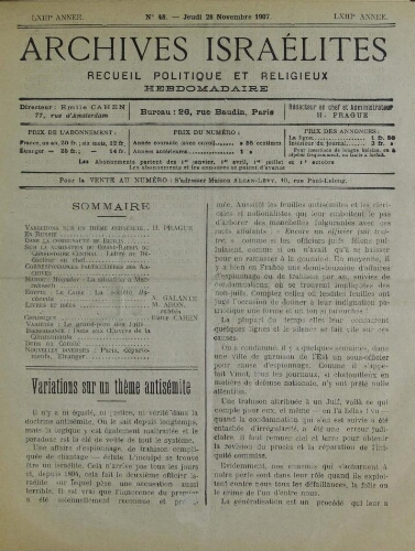 Archives israélites de France. Vol.68 N°48 (28 nov. 1907)