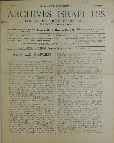 Archives israélites de France. Vol.82 N°49 (08 déc. 1921)