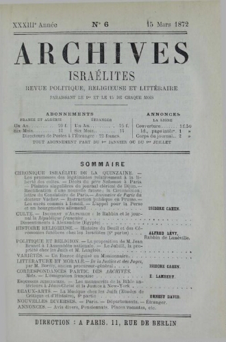 Archives israélites de France. Vol.33 N°07 (01 avr. 1872)