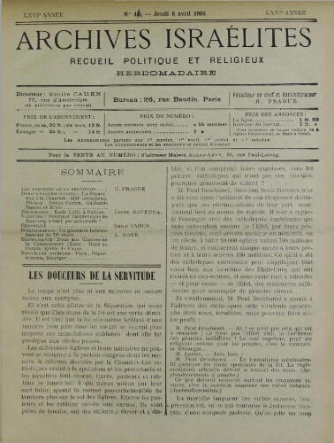 Archives israélites de France. vol.66 N°14 (06 avr. 1905)