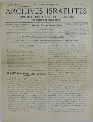 Archives israélites de France. Vol.72 N°02 (12 janv. 1911)