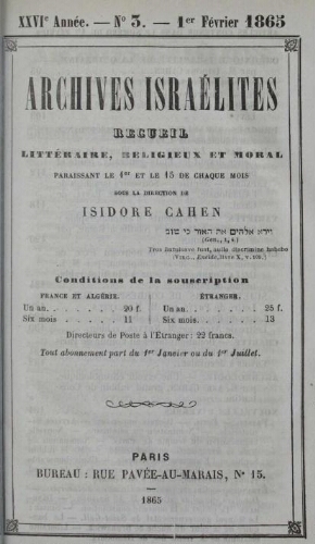 Archives israélites de France. Vol.26 N°03 (01 févr. 1865)