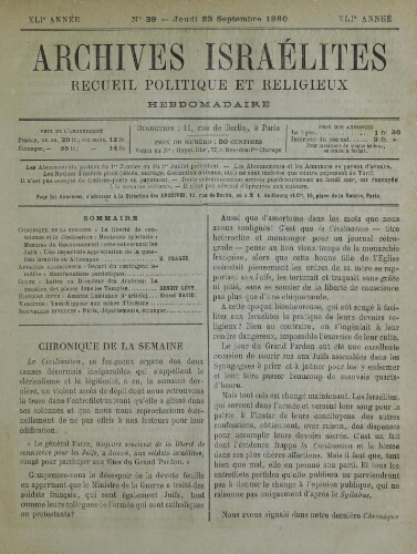 Archives israélites de France. Vol.41 N°39 (23 sept. 1880)