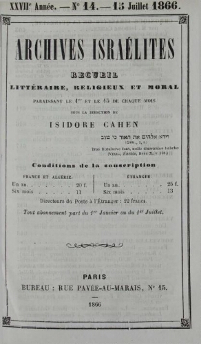 Archives israélites de France. Vol.27 N°14 (15 juil. 1866)