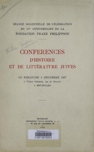 Conférences d'histoire et de littérature juives : le dimanche 5 décembre 1937 à l'union Coloniale, rue de Stasst à Bruxelles