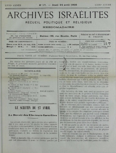 Archives israélites de France. Vol.63 N°17 (24 avr. 1902)