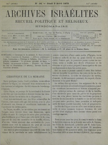 Archives israélites de France. Vol.40 N°14 (03 avr. 1879)