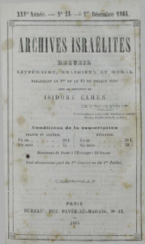 Archives israélites de France. Vol.25 N°23 (01 déc. 1864)