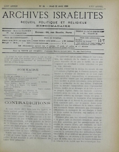 Archives israélites de France. Vol.70 N°16 (22 avr. 1909)