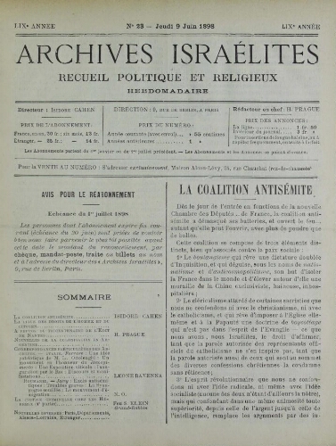 Archives israélites de France. Vol.59 N°23 (09 juin 1898)