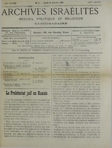 Archives israélites de France. Vol.65 N°06 (11 févr. 1904)