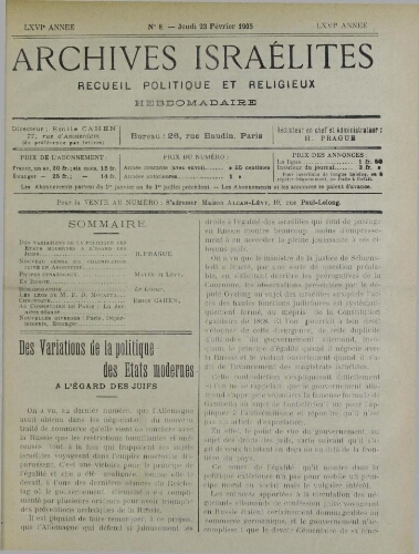 Archives israélites de France. vol.66 N°08 (23 févr. 1905)