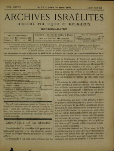 Archives israélites de France. Vol.42 N°13 (31 mars 1881)
