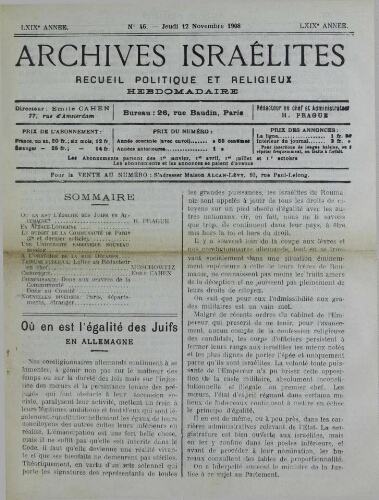 Archives israélites de France. Vol.69 N°46 (12 nov. 1908)