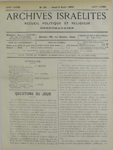 Archives israélites de France. Vol.64 N°32 (06 août 1903)