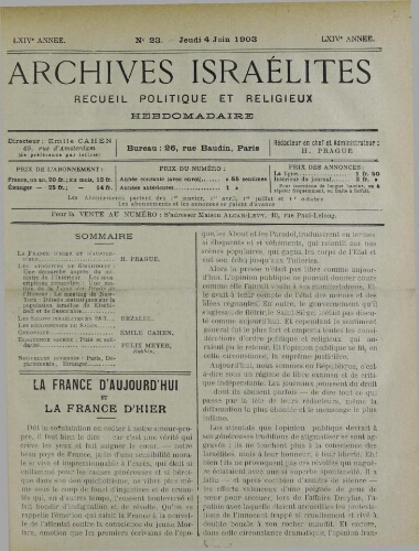 Archives israélites de France. Vol.64 N°23 (04 juin 1903)