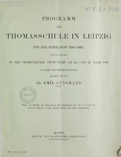 Programm der Thomasschule in Leipzig für das Schuljahr 1884/1885