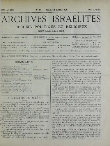 Archives israélites de France. Vol.59 N°15 (14 avr. 1898)