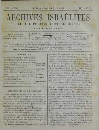 Archives israélites de France. Vol.41 N°16 (15 avr. 1880)