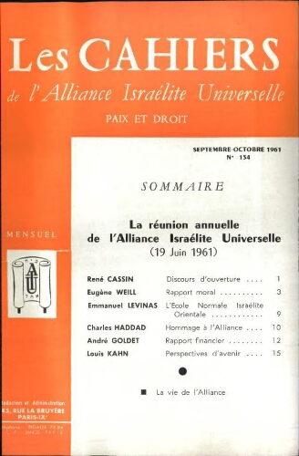 Les Cahiers de l'Alliance Israélite Universelle (Paix et Droit).  N°134 (01 sept. 1961)